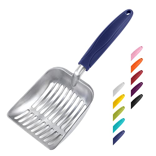 Cat Litter Scoop, Aluminum Alloy Sifter, Kitty Metal Scooper, Deep Shovel, Long Handle, Poop Sifting, Kitten Pooper Lifter, Durable, Heavy Duty, for Litter Box - color: FLAT Aluminum \ #01 Blue Handle, size: Small