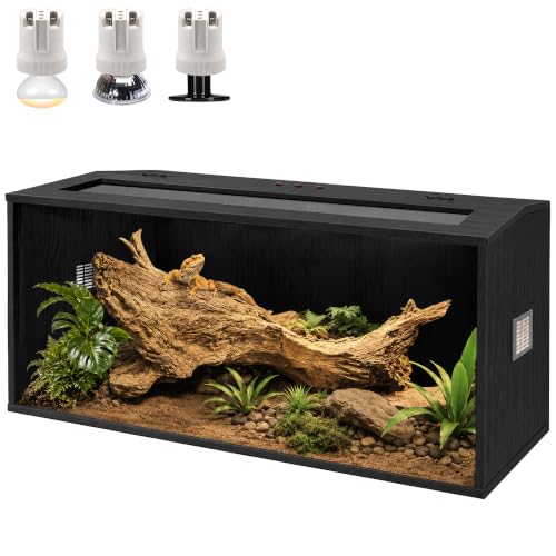 Bearded Dragon Tank, Reptile Enclosure, Tempered Glass Lizard Tank, Bearded Dragon Enclosure with Built-in Lamp Fixture and Wooden Roof for Chameleon (40x20x20 Inch, Black) - color: Black, size: 68 gallons