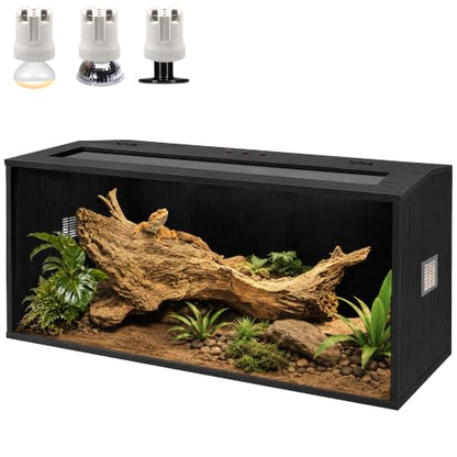 Bearded Dragon Tank, Reptile Enclosure, Tempered Glass Lizard Tank, Bearded Dragon Enclosure with Built-in Lamp Fixture and Wooden Roof for Chameleon (40x20x20 Inch, Black) - color: Black, size: 68 gallons