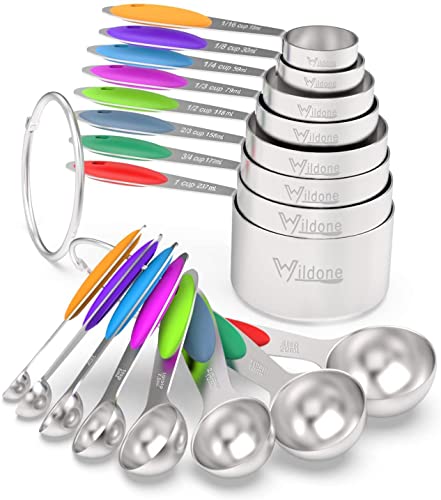 Wildone Stainless Measuring Cups and Spoons Set with Silicone Handle, 16pcs | 8 Measuring Cups and 8 Measuring Spoons, Nesting Design, Heavy Duty for Measuring Dry/Liquid Ingredients, Multicolor - color: Multicolor