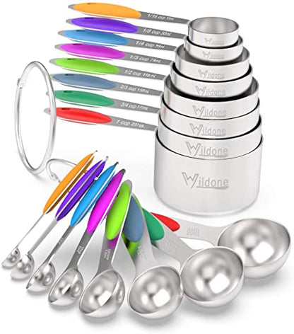 Wildone Stainless Measuring Cups and Spoons Set with Silicone Handle, 16pcs | 8 Measuring Cups and 8 Measuring Spoons, Nesting Design, Heavy Duty for Measuring Dry/Liquid Ingredients, Multicolor - color: Multicolor