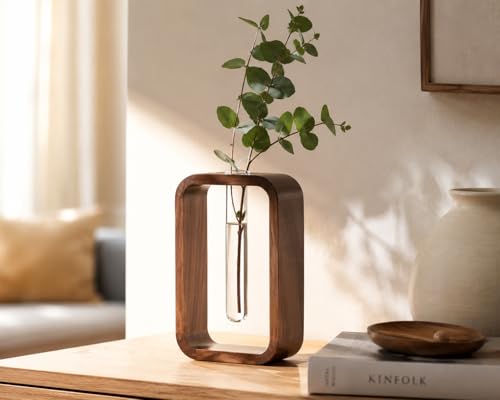 Modern Wooden Frame Glass Vase Hydroponic Planter – Minimalist Square Propagation Station with Test Tube Vase – Indoor Plant Terrarium for Flower, Cuttings & Home Office Decor