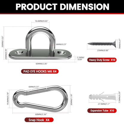 304 Stainless Steel Pad Eye Snap Hook, M6 Ceiling Hook 800Lb,8Pcs | Hanging Kit with Screws for Hammock Chair Swing, Yoga Gym Equipment, Sun Shade Sail, Plant Hangers & Marine Boat Hardware - size: 2.3 inch, style: Oval