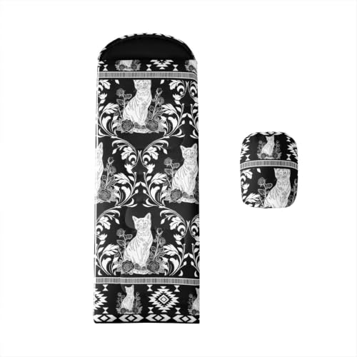 Erosebridal Longhorn Cow Skull Gothic Witchy Damask Sleeping Bag for Kids Camping Blanket for Hiking Travel Hunting Sleep Bag - color: Black and White Little Cats