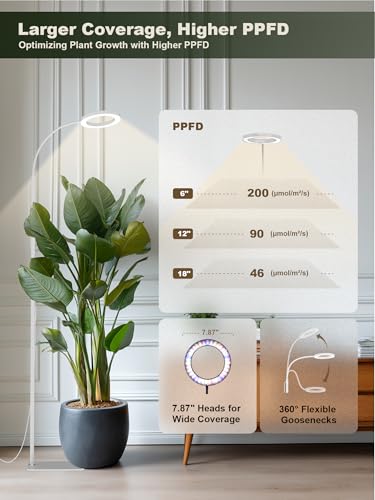Tall Plant Grow Light for Indoor Plants, Full Spectrum Plant Light | 24W LED Grow Lamp with Single Heads, 23.5-71" Adjustable Height, 3/9/12/16H Timer, 6-Level Dimming for Large Houseplants - color: White