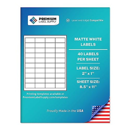 Premium Label Supply White Sticker Barcode Labels – 2" x 1" – Laser/Inkjet Compatible – (40 per Sheet), 100 Sheets – 4000 Total Adhesive Labels - size: 2" x 1"