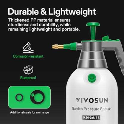 VIVOSUN 1L Pump Sprayer, 34oz Water Spray Bottle with Safety Valve | Handheld Garden Sprayer, Adjustable Nozzle, Extended Spray Rod & Additional Seals, Ideal for Watering, Fertilizing, Cleaning - size: 34 ounce