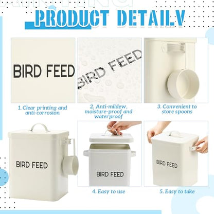 Reallnaive 2 Pcs Metal Bird Seed Container with Scoop,White | Bird Feed Storage Container with Fitted Lid, Farmhouse Style Ideal Gift for Birds and Pet Owners - color: White