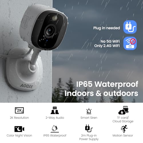 AOQEE 2K Indoor/Outdoor Camera, IP65 Water Resistant & White Light, C1 4Pcs | 2.4G Security Camera Outdoor with Color Night Vision, Human Detection, 2-Way Talk, 24/7 TF Card & Cloud Recording, Plug in - style: C1-White-4pack-2.4G