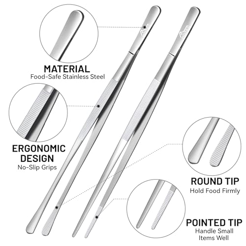 HOTEC Kitchen Tweezers Tongs Stainless Steel Professional Chef Tweezers, Set of 2-12inch Extra-Long Food Tongs for Cooking,Grill and Baking - color: Silver, size: 2PCS: 12 Inch