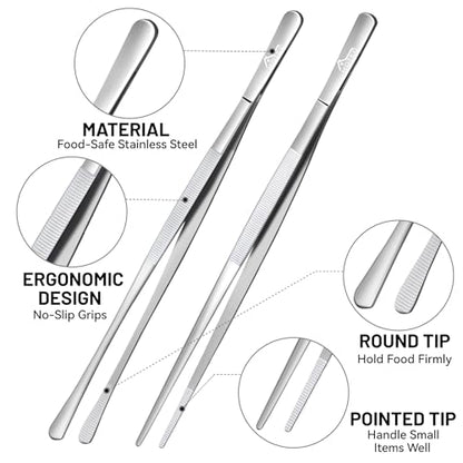 HOTEC Kitchen Tweezers Tongs Stainless Steel, Set of 4-10" and 12inch Extra-Long Food Tweezers Fine Kitchen Tongs for Cooking,Grill and Baking - color: Silver, size: 4PCS: 12 & 10 Inch
