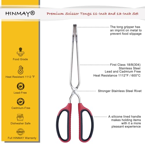 HINMAY Stainless Steel Scissor Tongs 11-Inch and 13-Inch Set, Set of 2 - size: 11-Inch + 13-Inch