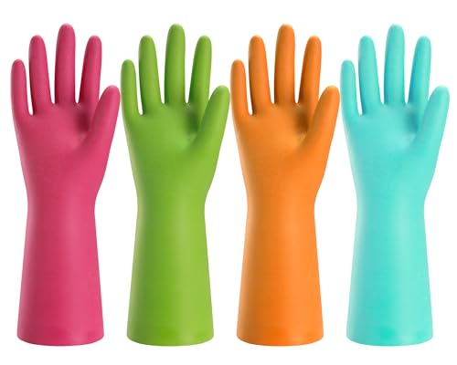 Bamllum Rubber Cleaning Gloves for Kitchen - 4 Pairs Reusable Dishwashing Gloves for Household, Flexible Long-lasting & Waterproof (Medium, Blue+Green+Red+Orange) - size: Medium