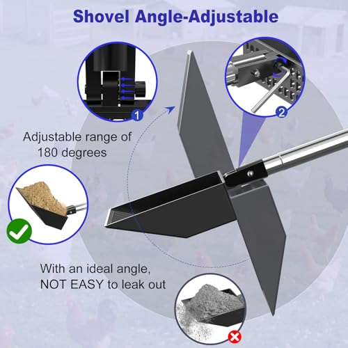 5.1in Width Small Metal Chicken Poop Scooper Litter Cleaning Shovel | Angle Adjustable / Metal made / No Back Bend over / Long Handle Adjust 19.7"-41.3" / Dog Cat Pet Goat Pen Garden Horse Barn