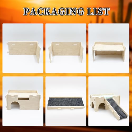 Bearded Dragon Tank Accessories, Wooden Assembled Hide Cave with Ramp and Mat, Reptile & Amphibian Habitat Hideouts for Gecko, Bearded Dragon and Other Small Reptile