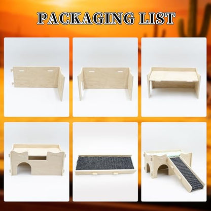 Bearded Dragon Tank Accessories, Wooden Assembled Hide Cave with Ramp and Mat, Reptile & Amphibian Habitat Hideouts for Gecko, Bearded Dragon and Other Small Reptile