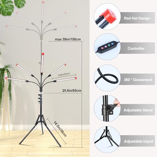 FECiDA Gamechanger! 45 Watt Power Draw, NO Need Adapter, 5Head Grow Light with Tripod Stand, 2026 Big Coverage LED Grow Lights for Indoor Tall Plants, Bonsai Tree, 4/8/12/16/20H Timer - size: Stand-5Head-45W
