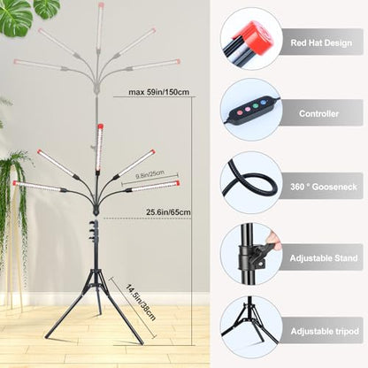 FECiDA Gamechanger! 45 Watt Power Draw, NO Need Adapter, 5Head Grow Light with Tripod Stand, 2026 Big Coverage LED Grow Lights for Indoor Tall Plants, Bonsai Tree, 4/8/12/16/20H Timer - size: Stand-5Head-45W