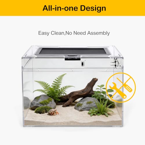 HELIME Reptile Tank 7 Piece Starter Kit with Escape Proof Locking Lid Small | All in One Hermit Crab Tank,Polycarbonate Tarantula Enclosure Frogs Habitat with Light,Hygrometer,Hide,Tweezer,Bowl,Sprayer - size: Small(12x7x9IN)