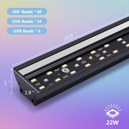 27-Inch LED UVB Reptile Light with Auto On/Off & Preset Day-Night Cycle Dimming, 4 UVI Modes Fixture Controller, 22W Aluminum UVA UVB Lamp for Bearded Dragons, Turtles & Snakes, 6500K - size: 27-INCH