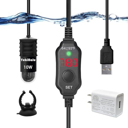YukiHalu USB Powered Aquarium Heater, 10W Adjustable Mini Fish Tank Heater with External Temperature Controller, LED Display, Used for 0.5-1 Gallon Tank (10W USB Adapter) - size: 10 Watts (USB + adapter)