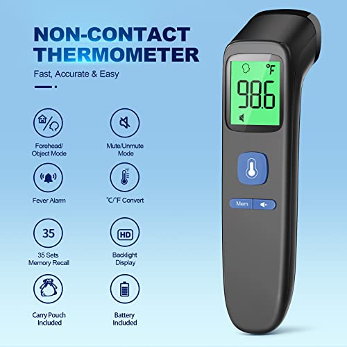 No-Touch Thermometer for Adults, Kids, Babies, 1-Sec Fast Accurate (Black) | Fever Alarm, Large LCD with 3-Color Backlight, Silent Mode, 35-Reading Memory, Forehead & Object Mode, for Home & Clinic - color: Black
