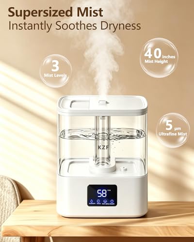 KZF 4L Top Fill Humidifiers for Bedroom & 40H Runtime - Cool Mist Humidifier, 3 Mist Levels, 8H Timer, Essential Oil Tray, Humidity Display, Quiet for Baby, Plants, Large Room (White, 4, Liters) - color: White