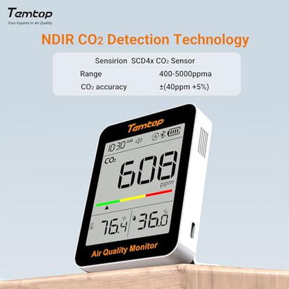 Temtop C1+ Smart Indoor Thermometer Hygrometer with Bluetooth and APP | Portable CO2 Meter with Digital Room Temperature Humidity Monitor, Real-Time Data Sync for Home, Office, Baby Nursery, School - size: C1Plus-Temp/Humidity/CO2/AQI