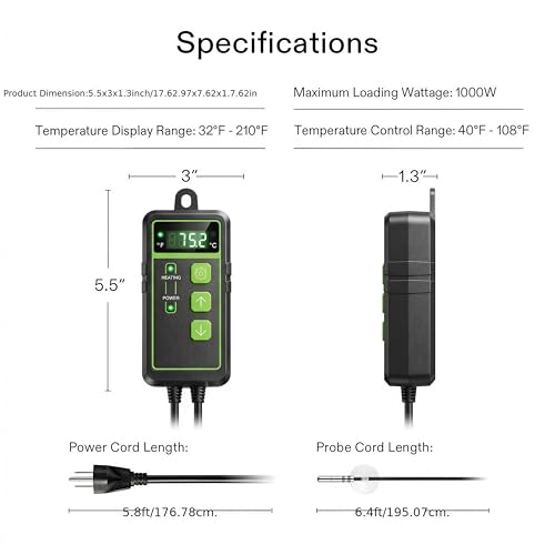 Digital Temperature Controller Thermostat, Heating & Cooling Outlet with LCD Touchscreen NTC Probe, 40–108°F, 110V for Reptile Tank, Seedling Heat Mat, Greenhouse, Fermentation