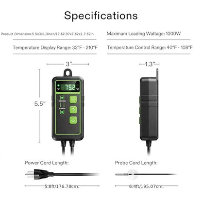 Digital Temperature Controller Thermostat, Heating & Cooling Outlet with LCD Touchscreen NTC Probe, 40–108°F, 110V for Reptile Tank, Seedling Heat Mat, Greenhouse, Fermentation