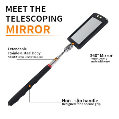 Extendable Inspection Mirror, 360-Degree Rotation LED Inspection Mirror | Telescoping Mirror for Mechanic Checking Vehicle and Extra Viewing - size: 1 Pack