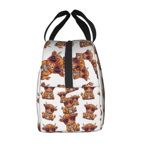 Unisex Funny Highland Print Insulated Lunch Box Durable | Cute Funny Highland Cow Heart Glasses, Oxford Foam Insulated Tote, Adjustable Strap for Travel, Gym & Hiking - color: Pattern (864)