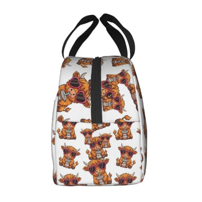Unisex Funny Highland Print Insulated Lunch Box Durable | Cute Funny Highland Cow Heart Glasses, Oxford Foam Insulated Tote, Adjustable Strap for Travel, Gym & Hiking - color: Pattern (864)