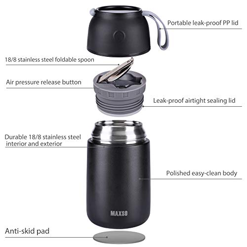 MAXSO 2 Pack Soup Thermo for Hot & Cold Food for Kids Adults, Vacuum Insulated Food Jar Thermal Lunch Containers, Travel Food Flask with Spoon (24 oz,17 oz) (Black) - color: Black