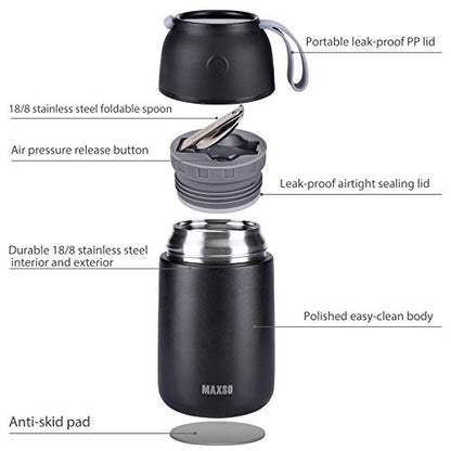 MAXSO 2 Pack Soup Thermo for Hot & Cold Food for Kids Adults, Vacuum Insulated Food Jar Thermal Lunch Containers, Travel Food Flask with Spoon (24 oz,17 oz) (Black) - color: Black