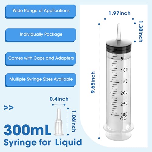 300mL Plastic Syringe for Liquid - 3 Pack Large Syringes with Adapter | Individually Wrapped for Scientific Labs, Feeding, Oil Filling - style: 300mL