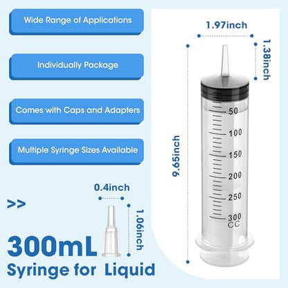 300mL Plastic Syringe for Liquid - 3 Pack Large Syringes with Adapter | Individually Wrapped for Scientific Labs, Feeding, Oil Filling - style: 300mL