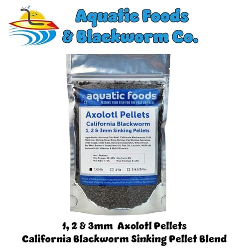 Axolotl Blackworm Pellets. 1mm, 2mm, 3mm Size Mix of Sinking California Blackworm Micro Pellets for All Axolotl, Frogs, Shrimp, Salamanders, Newts, Snails…1/2-lb Pouch Bag - size: 8 Ounce (Pack of 1)