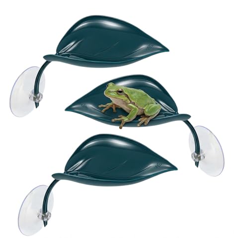 3 Pcs African Dwarf Frog Tank Accessories, Multifunctional Crested Gecko Tank Accessories, PVC Leaf Basking Platform with Suction Cups for African Dwarf Frog & Crested Gecko Tanks (4.8 x 2.8 Inches)