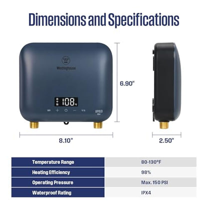 Westinghouse 6.5kW Tankless Water Heater Electric, Low Watt Instant, 240V | Point of Use Water Heater, Under Sink Water Heater Electric, Smart WiFi, Compatible with Alexa & Google Home, Deep Blue - color: Deep Blue 6.5