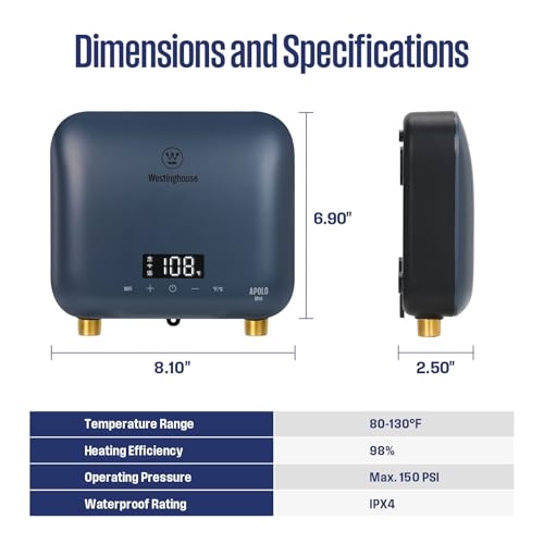 Westinghouse 8kW Tankless Water Heater Electric, Low Watt 240V, Smart WiFi | Instant Hot Water Heater, Under Sink Water Heater Electric, Compatible with Alexa & Google Home, Apolo Mini, Deep Blue - color: Deep Blue 8