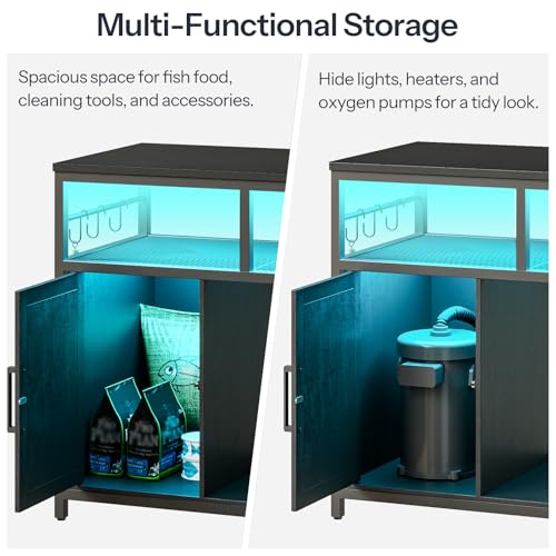 HOOBRO 40-50 Gallon Fish Tank Stand with Power Outlet and LED Light, Metal Frame Aquarium Stand with Cabinet Storage, for Reptile Turtle Tank, 440 LBS Capacity, 36.6'' L x 18.9'' W, Black BB93UDFT01