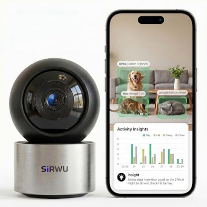 AI Pet Camera Indoor, Multi-Pet Recognition for Up to 6 Pets, 2K 3MP Dog & Cat Camera with 360° Auto Tracking, AI Daily Summaries, Night Vision, 2-Way Audio, 2.4/5GHz WiFi - color: Gray