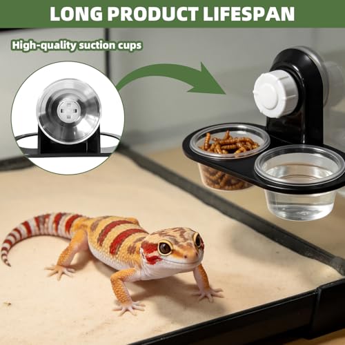 Black Gecko Feeding Ledge, Suction Station with Cups and Tweezer | Detachable suction feeder, 100 disposable cups and 1 tweezer for gecko, lizard, reptiles and amphibians
