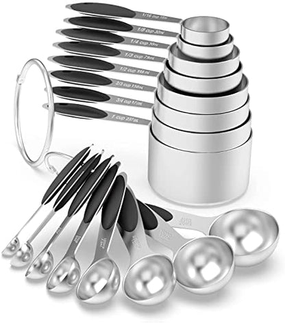 Measuring Cups & Spoons Set of 16, Wildone Stainless Steel Measuring Cups and Measuring Spoons with Black Silicone Handle, Including 8 Nesting Cups, 8 Spoons, for Dry and Liquid Ingredient - color: Black