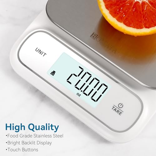 BOMATA Waterproof IPX6 Kitchen Scale with 0.1 g/0.01 oz High Precision | 5 kg/11 lbs, Digital Scale with Backlight, Stainless Steel Weighing Platform, for Food, Cooking,Baking,Weight Loss B619 White - color: White