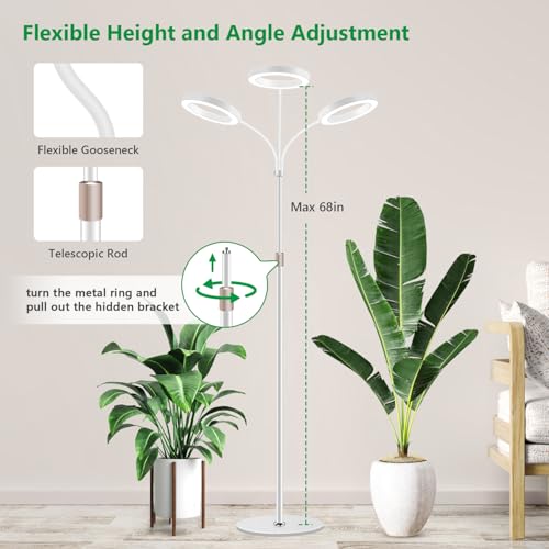 Aumtrly 3 Head Grow Light Full Spectrum LED for Tall Indoor Plants Growing | 68" Adjustable Floor Stand, 6/12/16H Timer, 5 Dimming Levels, Large White Halo Lamp Design, Flexible Gooseneck, Metal Base - size: 3 head 68inch/white