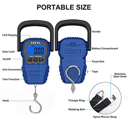 HEETA Fish Scale Digital Fishing Luggage Weight Scale with Measuring Tape | Up 110lb/50kg Portable Hanging Scale with Backlit LCD Display for Home Farm Outdoor Hunting Fishing, 2 AAA Batteries Included - color: Blue