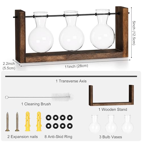 YIBOT Wall Hanging Planter Propagation Station 3 Bulb Glass Flower Vase | Plant Terrarium with Wooden Stand, Hydroponics Plants, Bathroom, Home Office Living Room Decor Gift - size: 3Bulb-M