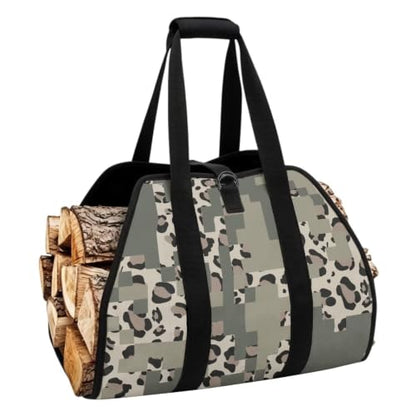 Leopard Camo Print Firewood Carrier Bag for Fireplace Camping | Soft Padded Handles, Large Capacity, Lightweight Foldable Design, for RV Trips and Backyard Fire Parties - color: Gray Block Leopard Camo Splice Print